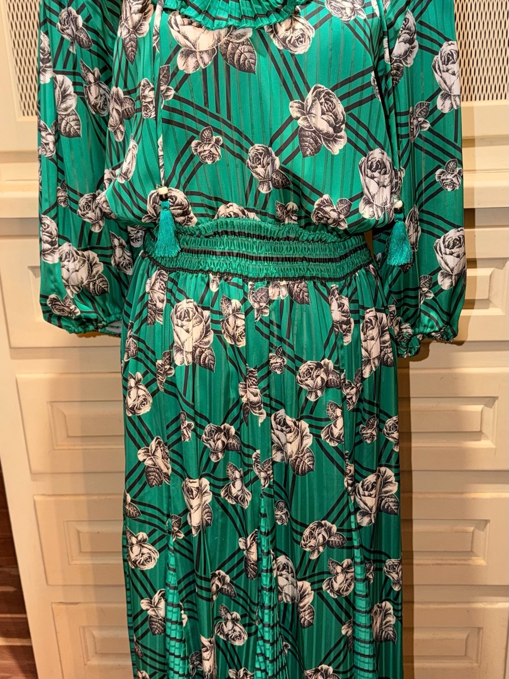 Vintage 1980s Diane Freis Green Stripe & Rose Floral Smocked Georgette Dress